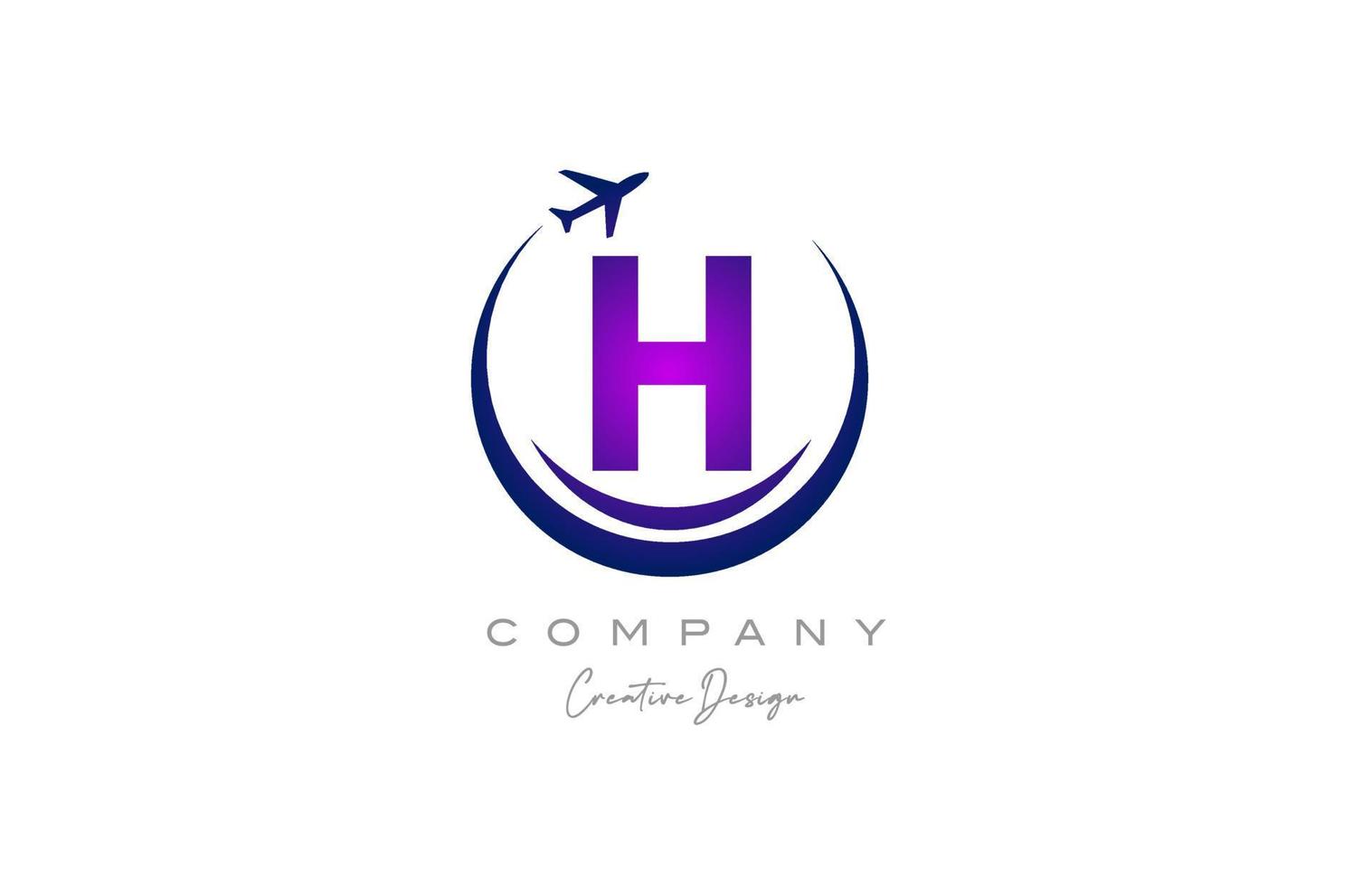 h Alphabet Brief Logo mit Flugzeug zum ein Reise oder Buchung Agentur im lila. korporativ kreativ Vorlage Design zum Unternehmen und Geschäft vektor