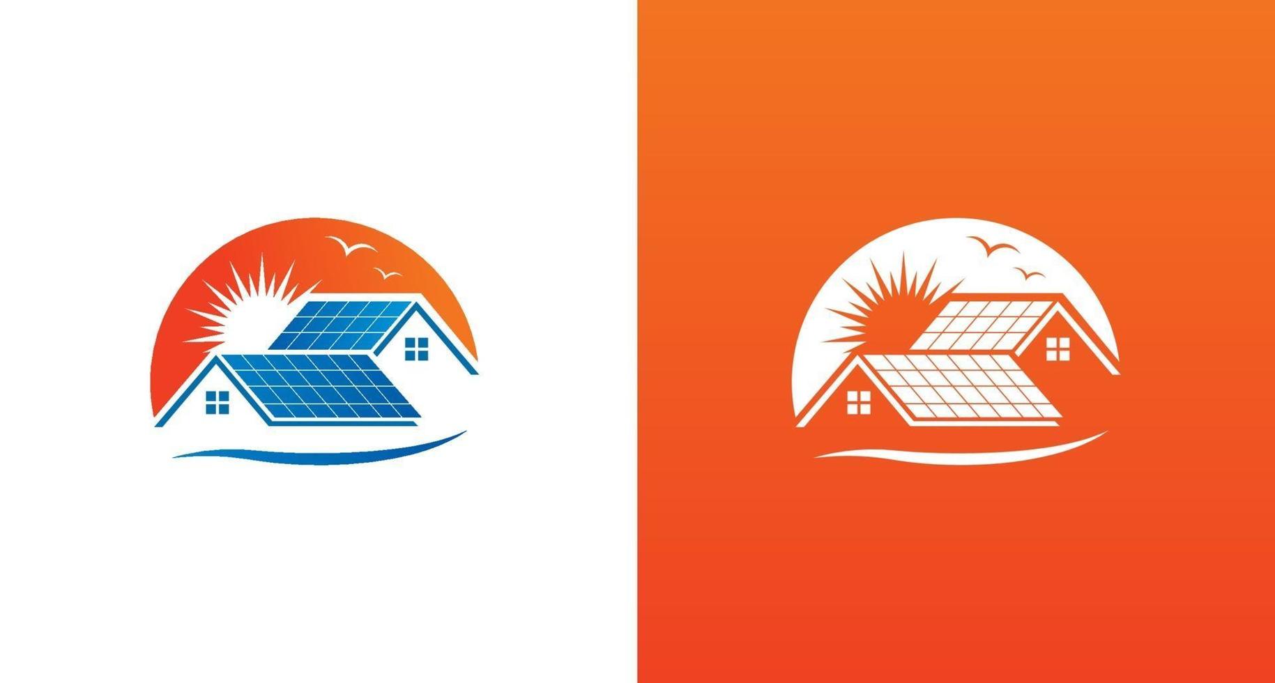 Home Solarpanel-Logo, modernes Haus mit Solarpanel-Dach mit der Sonnenschein-Hintergrund-Logo-Vorlage vektor