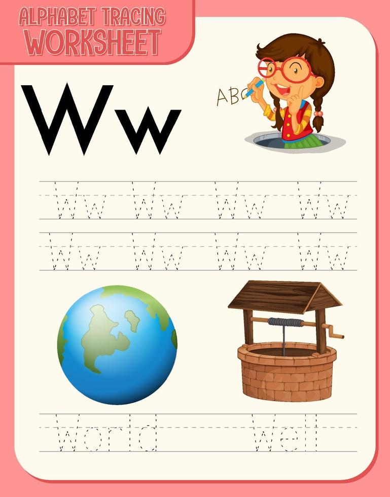 alfabetet spåra kalkylblad med bokstaven w och w vektor