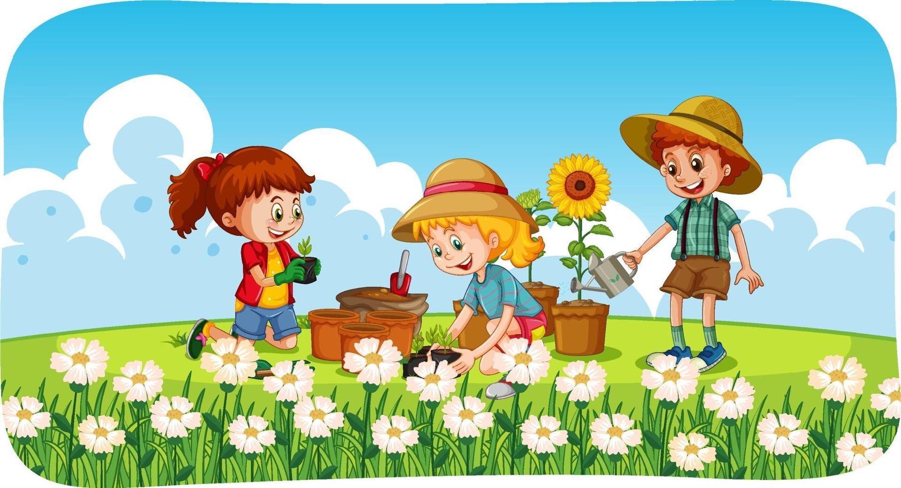 Kinder pflanzen Blumen im Garten vektor