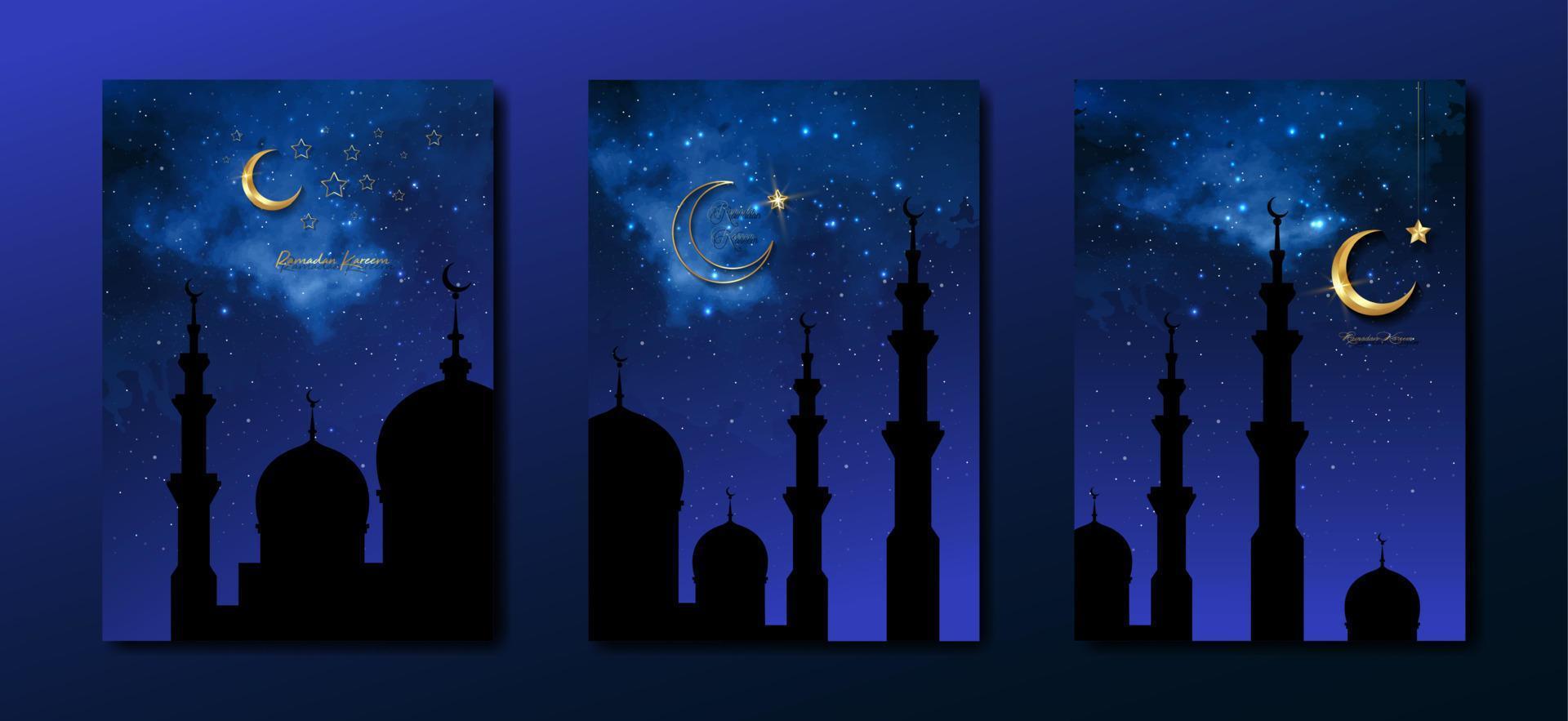 Ramadan kareem 2023 Vektor einstellen Gruß Karte. Gold Hälfte Mond auf sternenklar Blau Hintergrund. Urlaub Poster mit Text, islamisch Symbol. Konzept Muslim Religion Banner, Flyer, Party Einladung, Verkauf Geschäft