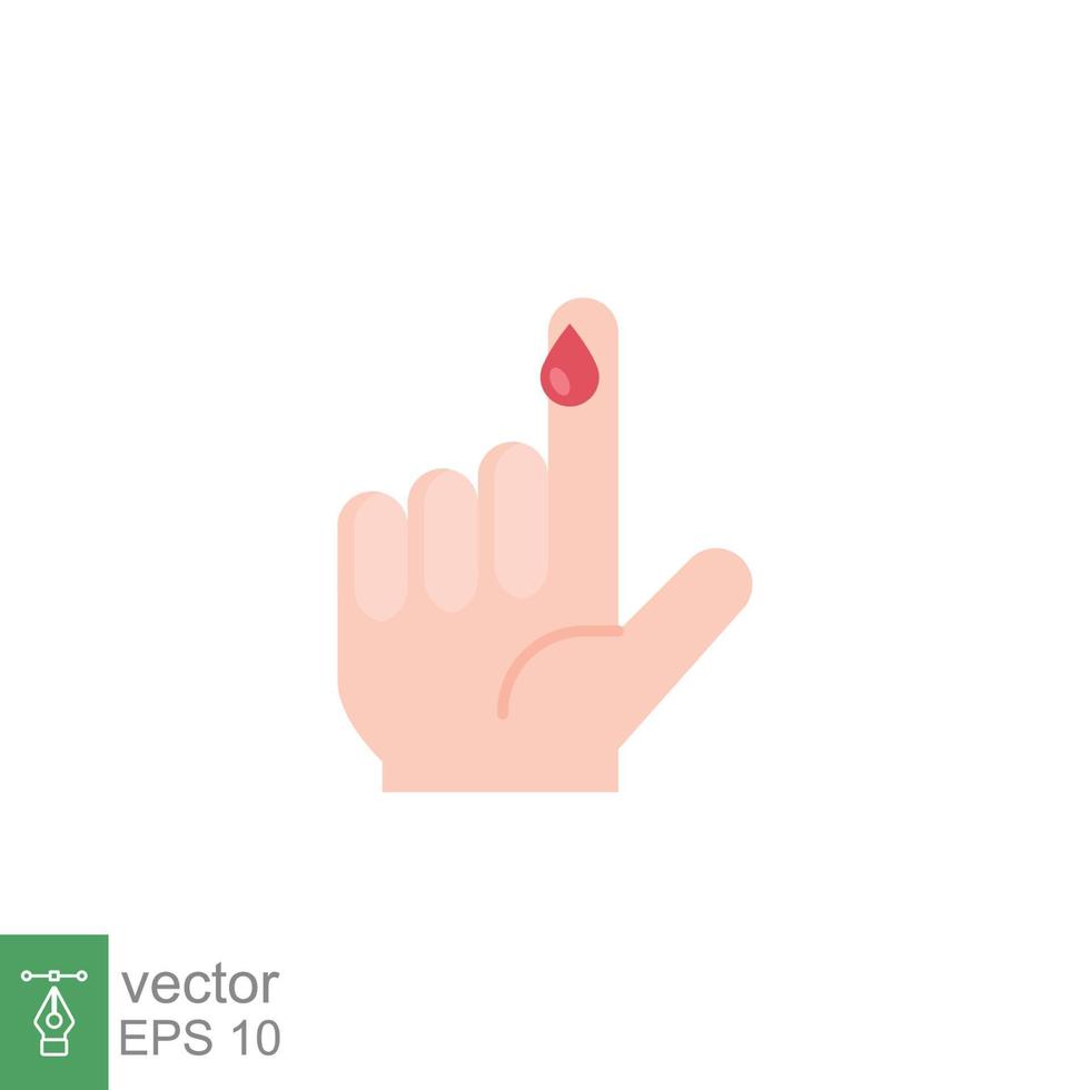 Blut auf Finger Symbol. Vektor Menschen Hand verletzt isoliert Symbol. Glucose, Insulin prüfen, Diabetes Konzept. einfach eben Stil. Zeichen Illustration auf Weiß Hintergrund. eps 10.