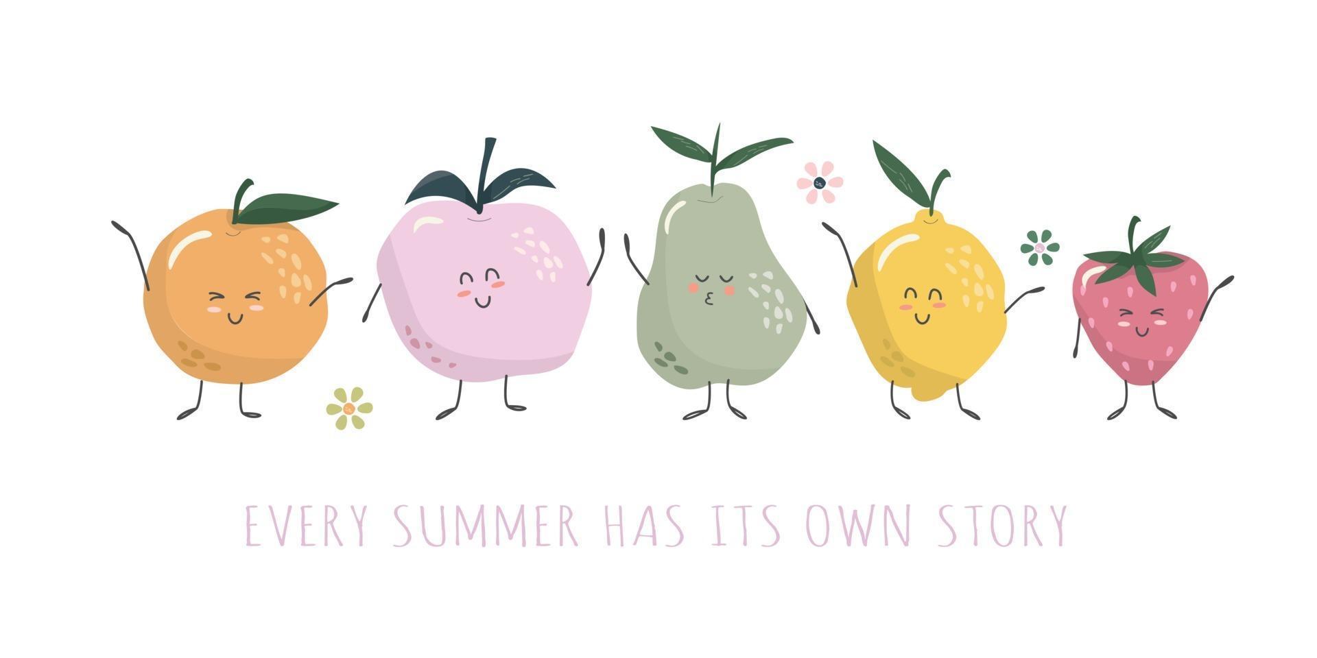 kawaii Fruchtcharaktere. niedliche Cartoons lokalisiert auf Weiß. Sommersüßigkeiten für Kinder. Vektor