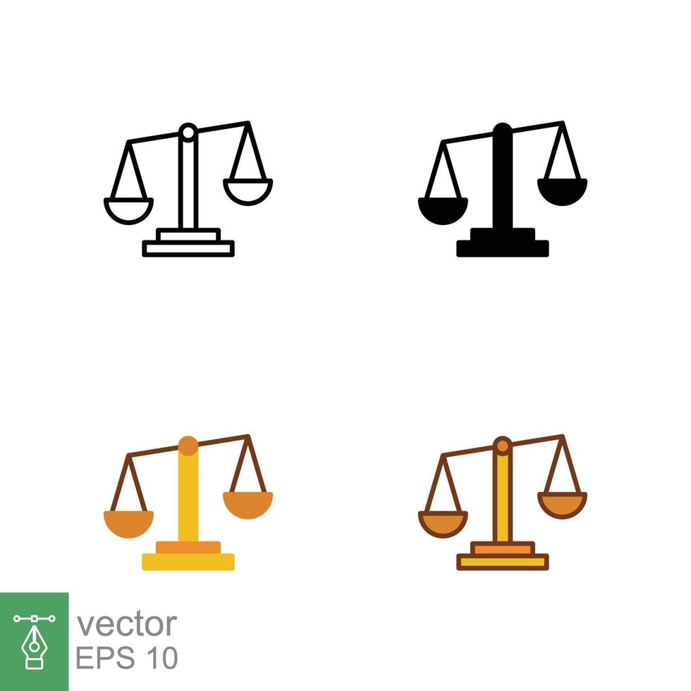 Waage Symbol auf anders Stil. Umriss, solide, Wohnung, gefüllt Umriss. Waage, Gleichgewicht, Vergleich, vergleichen, legal, Gesetz, Gerechtigkeit Konzept. Vektor Illustration isoliert auf Weiß Hintergrund. eps 10.