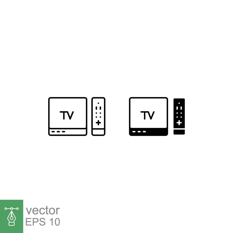 Fernseher und Fernbedienung Symbol Satz. einfach Gliederung und solide Stil. Fernsehen, Kontrolle, Kanal, Technologie Konzept. schwarz dünn Linie, Silhouette, Glyphe Vektor Illustration Design auf Weiß Hintergrund. eps 10.