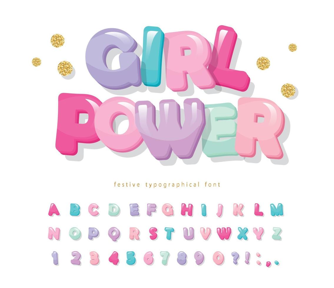Cartoon Hochglanzschrift. süßes Alphabet für Mädchen, Babyparty. Frauenpower-Banner. vektor