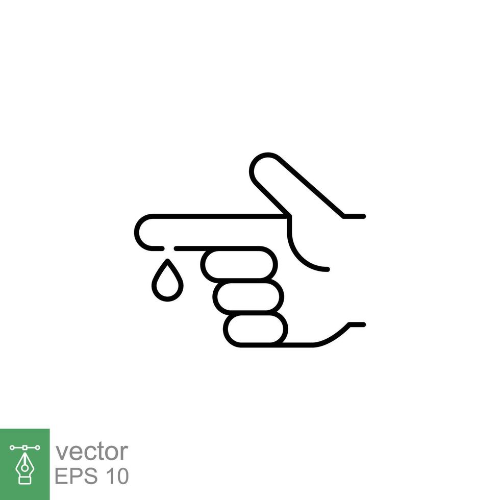 blod på finger linje ikon. vektor människor hand skadade isolerat symbol. glukos, insulin testa, diabetes begrepp. enkel översikt stil. tecken illustration på vit bakgrund. eps 10.