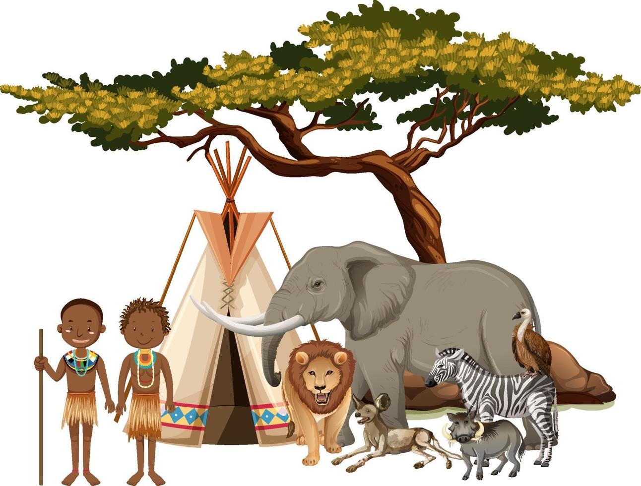 afrikanischer Stamm mit Gruppe des wilden afrikanischen Tieres auf weißem Hintergrund vektor