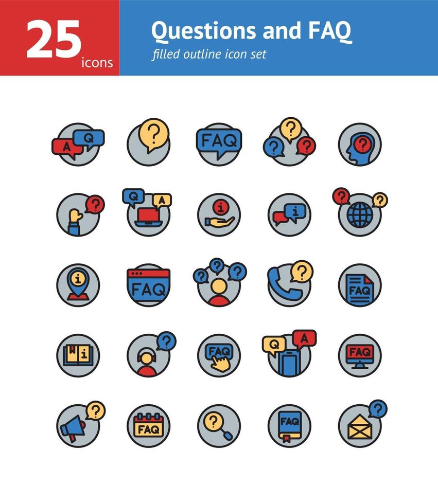 Fragen und FAQ gefüllt Gliederung Icon Set. Vektor und Illustration.