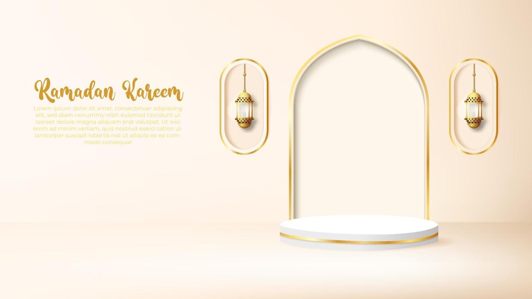 3d ramadan kareem hintergrund mit goldener lampe und podium. vektor