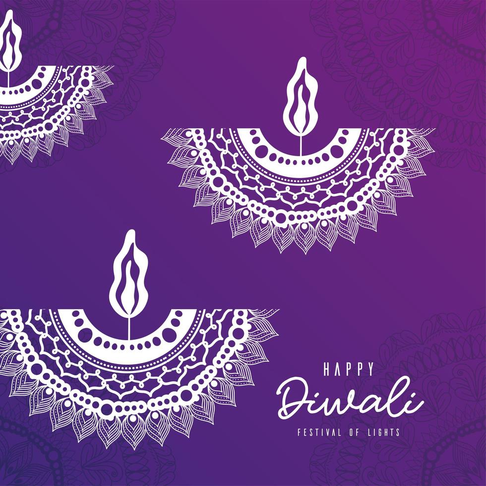 glada diwali vita mandala ljus på lila bakgrundsvektordesign vektor