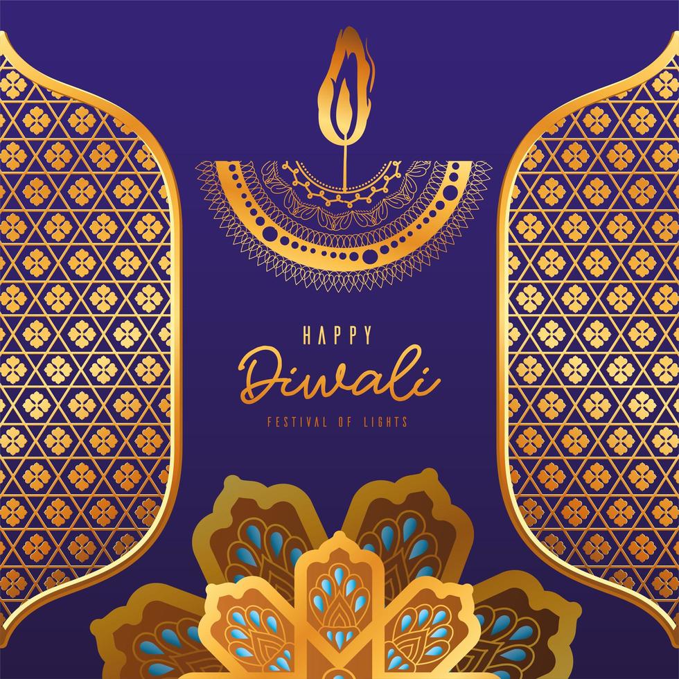 glückliche Diwali Kerze Gold Arabesque Blumen und Rahmen auf blauem Hintergrund Vektor-Design vektor