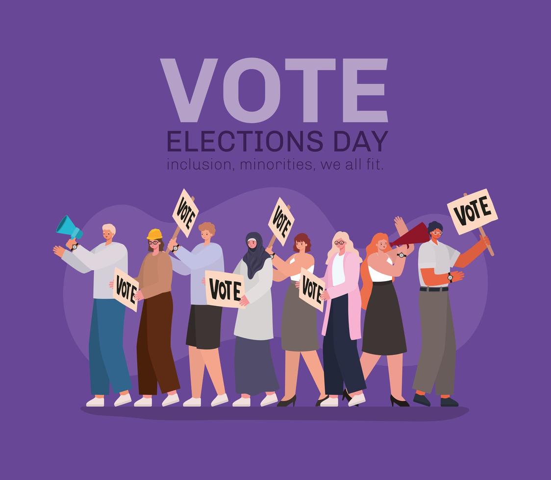 Cartoon-Leute mit Stimmenbeschriftung für den Wahltag vektor