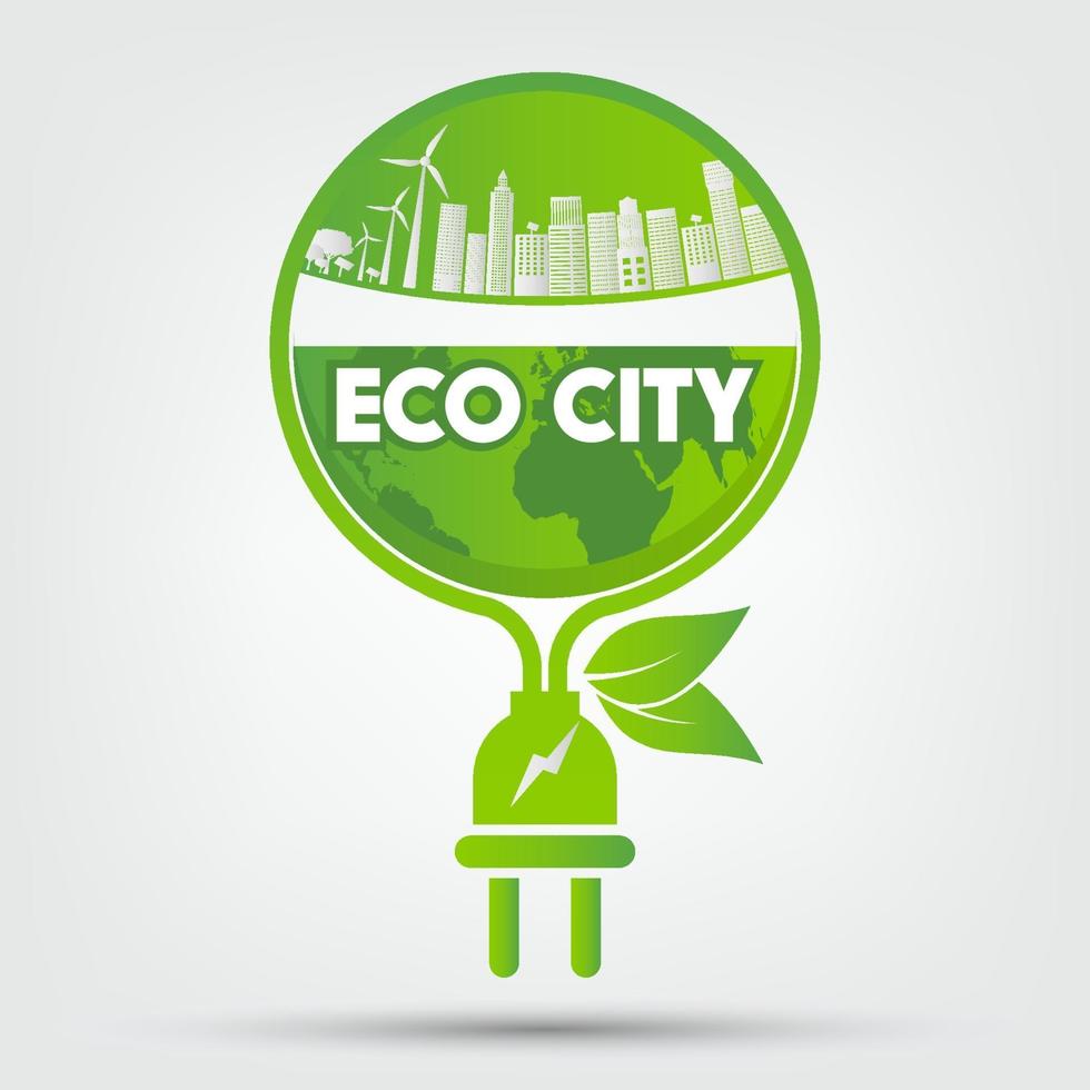 Stadtskyline mit grüner Technologie im ökologischen Konzept mit Stecker und Blättern vektor