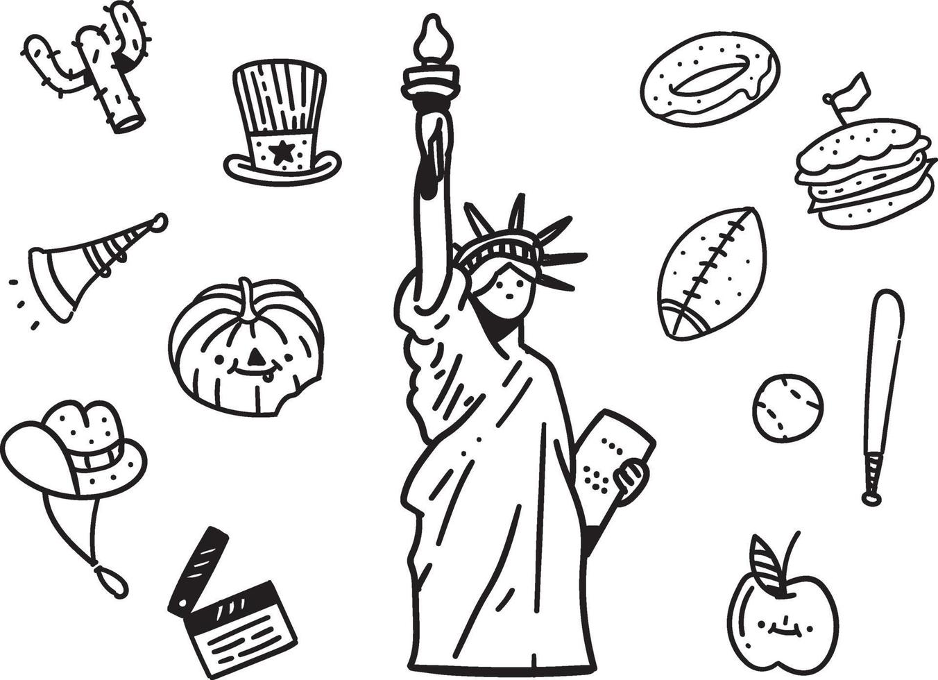 uppsättning amerika symboler. usa doodle på vit bakgrund vektor