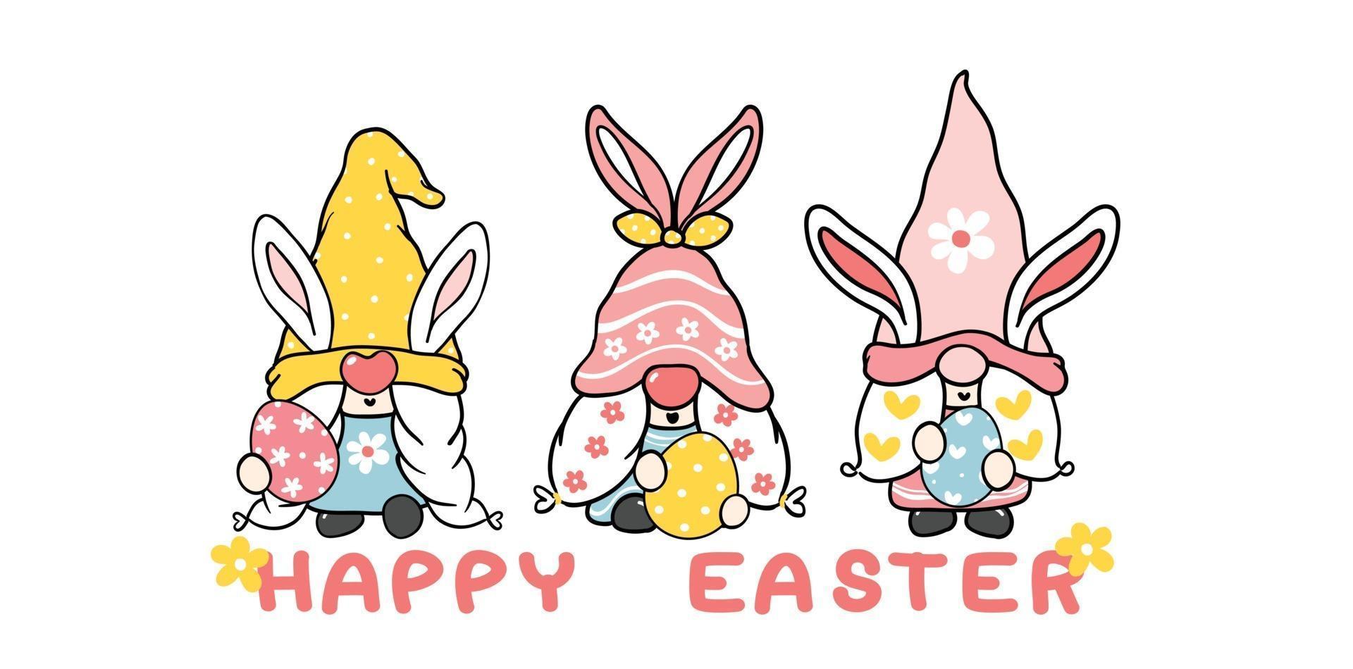 drei niedliche süße Osterhasen Gnom mit Hasenohren, glückliche Ostern Cartoon Vektor Banner