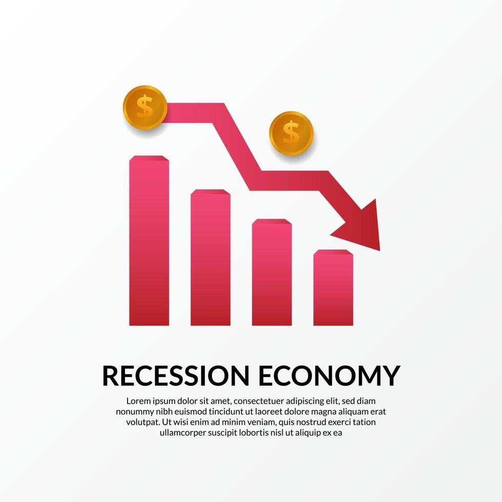 Unternehmensfinanzkrise. Rezession der Weltwirtschaft. Inflation und Bankrott. Illustration der roten Karte, des goldenen Geldes und des bärischen Pfeils vektor