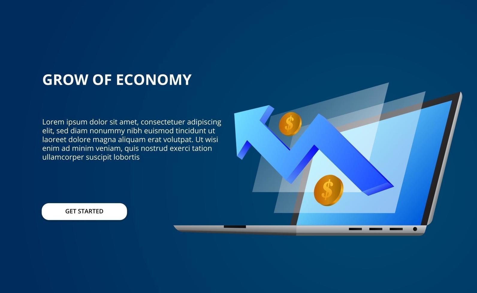 tillväxtekonomi av data med 3d illustration av perspektiv bärbar dator och skärm med blå hausseartad pil och gyllene pengar vektor