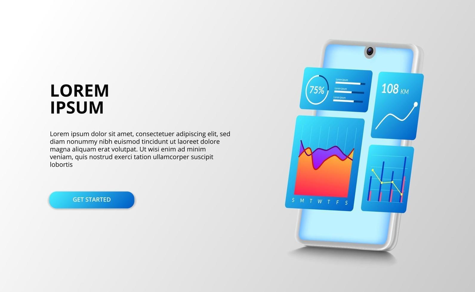 Datenanalyse ui Dashboard-Design mit Diagramm, Prozentbericht Diagrammanalyse für Finanzen, Buchhaltung mit 3D-Perspektive Smartphone vektor