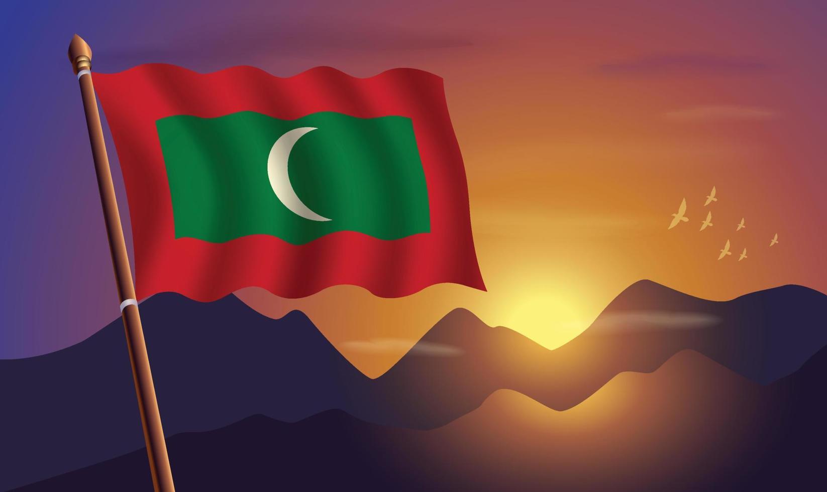 Malediven Flagge mit Berge und Sonnenuntergang im das Hintergrund vektor