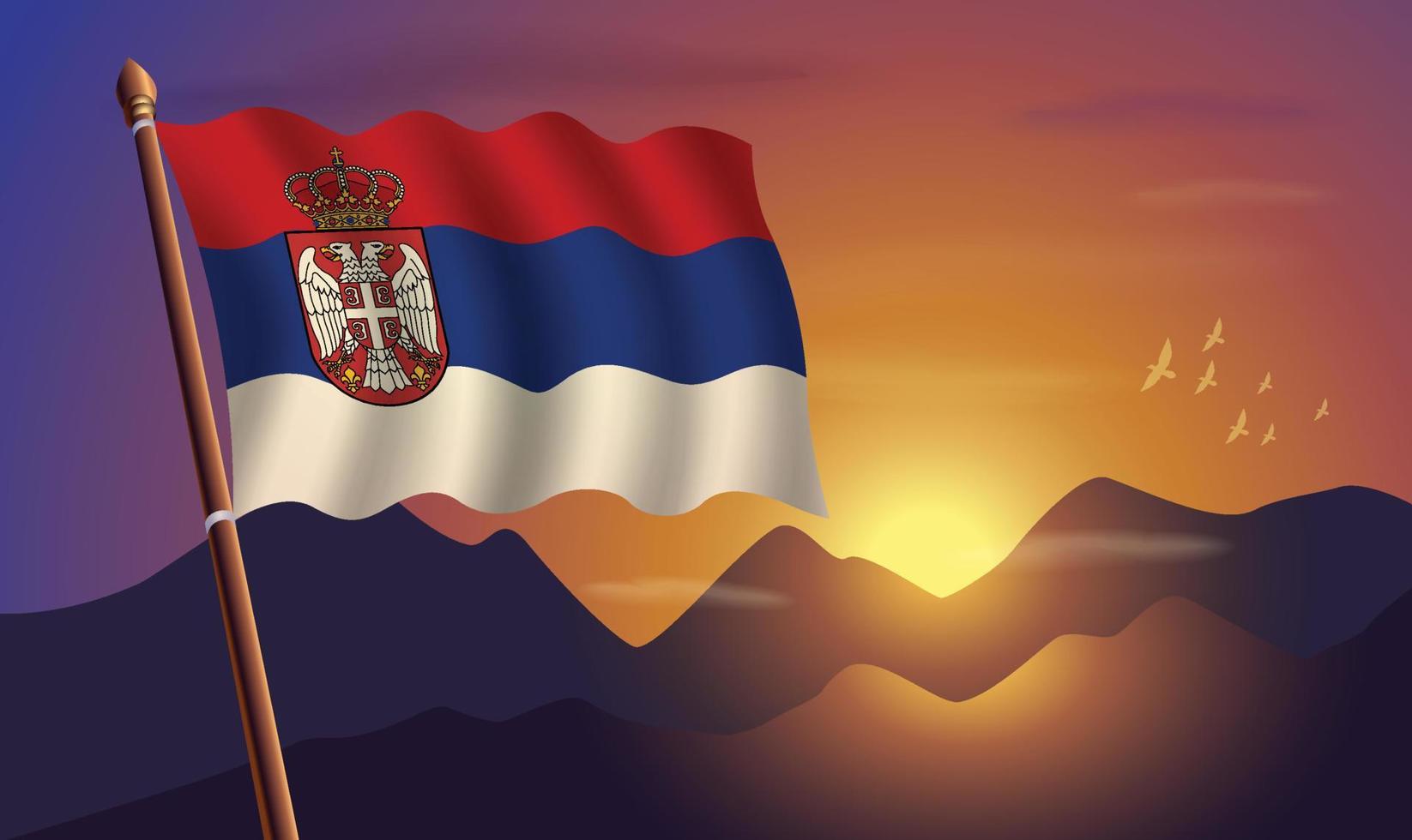 Serbien Flagge mit Berge und Sonnenuntergang im das Hintergrund vektor