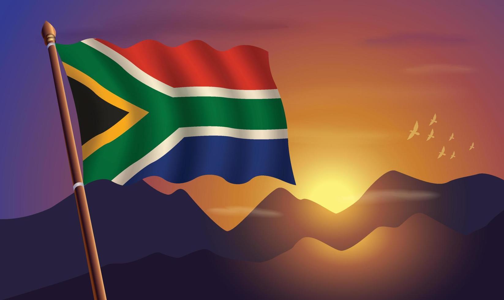 Süd Afrika Flagge mit Berge und Sonnenuntergang im das Hintergrund vektor