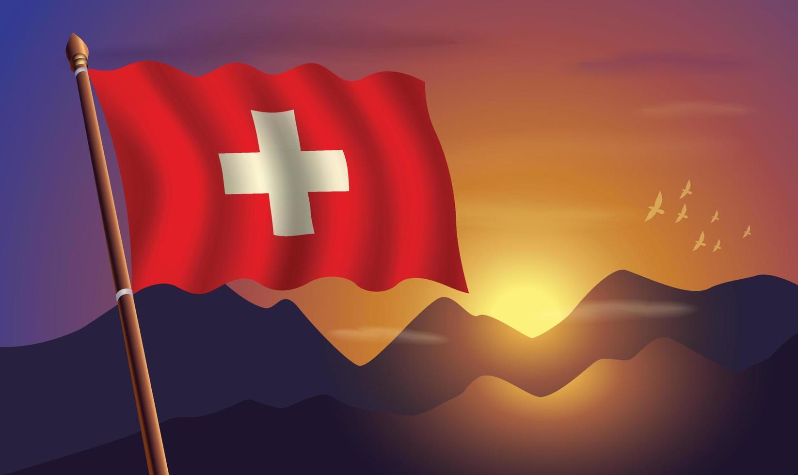 Schweiz Flagge mit Berge und Sonnenuntergang im das Hintergrund vektor