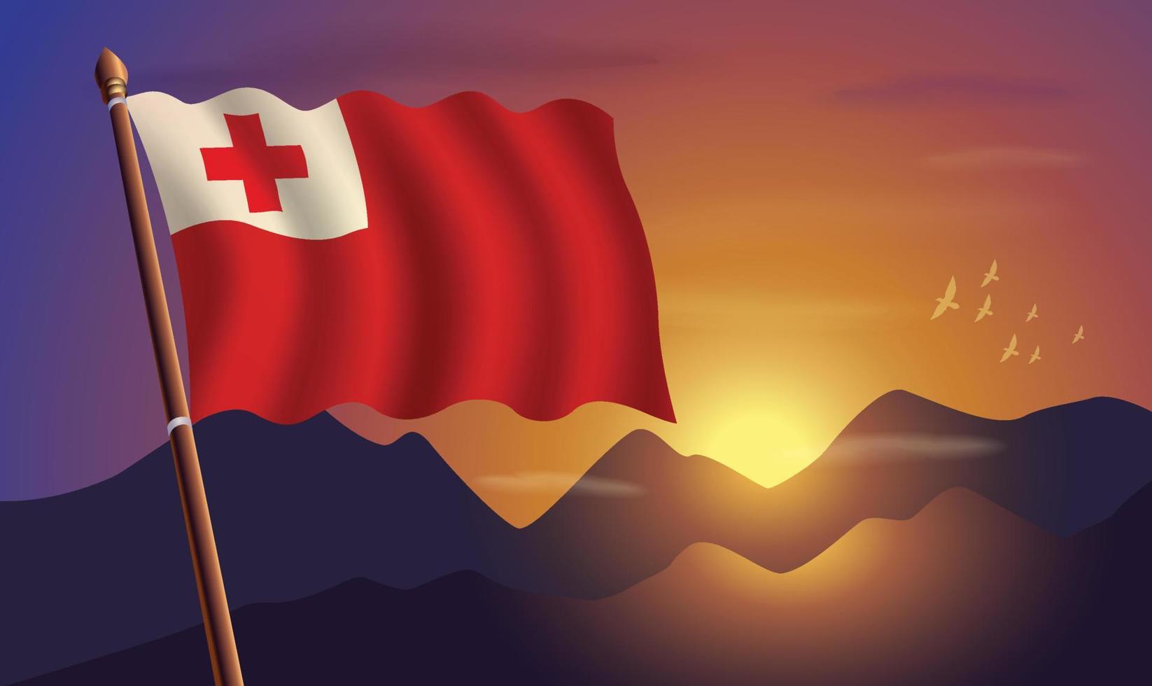 Tonga Flagge mit Berge und Sonnenuntergang im das Hintergrund vektor
