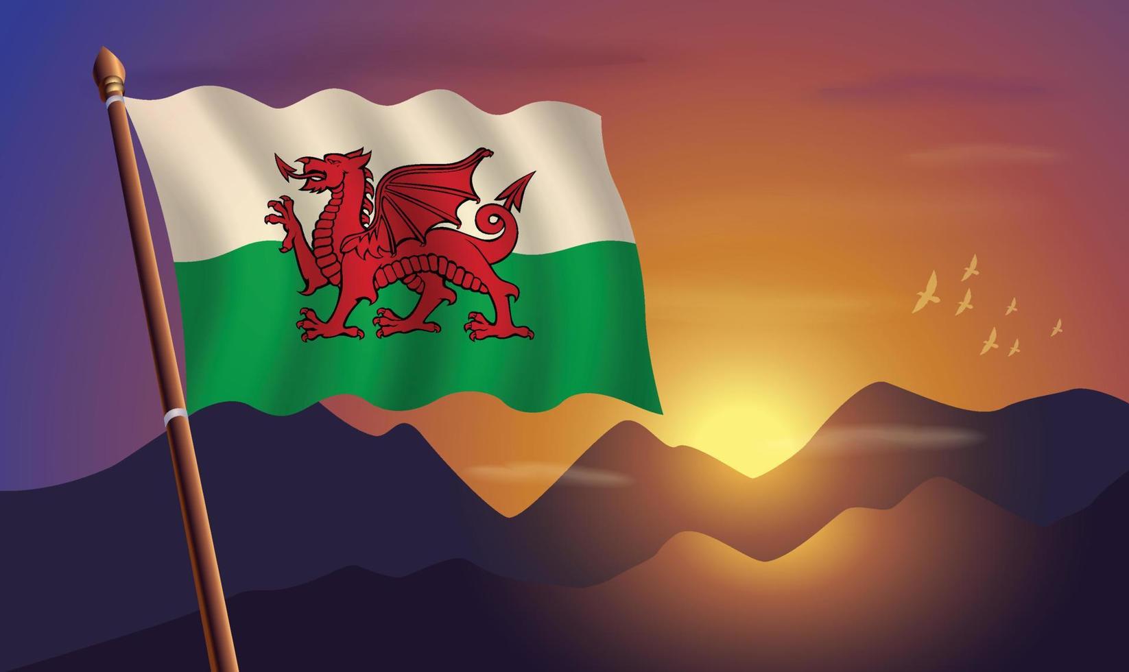 Wales Flagge mit Berge und Sonnenuntergang im das Hintergrund vektor