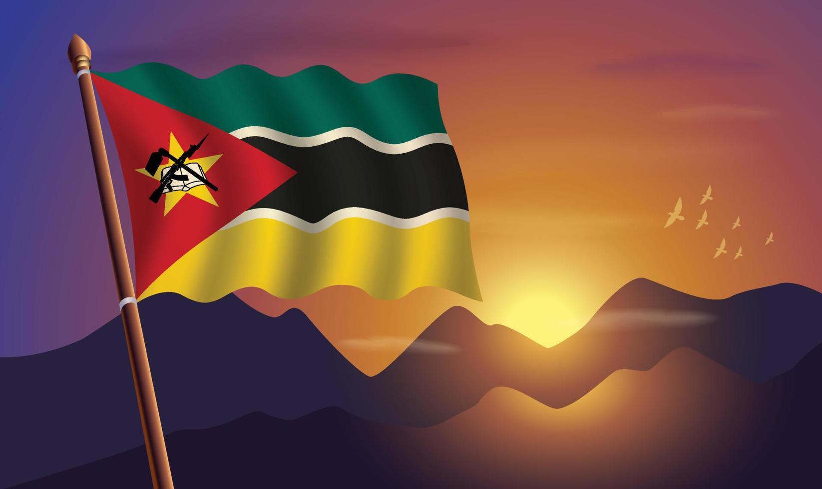 Mozambique Flagge mit Berge und Sonnenuntergang im das Hintergrund vektor