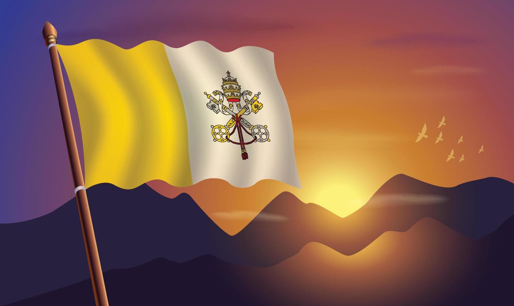 Vatikan Stadt Flagge mit Berge und Sonnenuntergang im das Hintergrund vektor