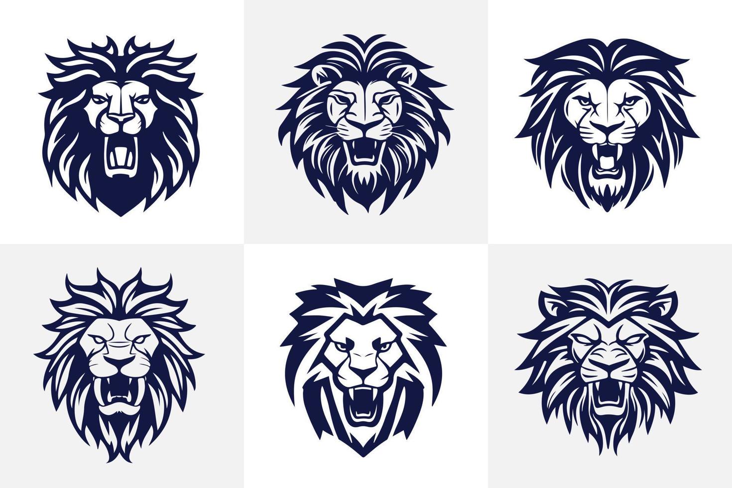Löwe Kopf Gesicht Logo einstellen Silhouette schwarz Symbol tätowieren Maskottchen Hand gezeichnet Löwe König Silhouette Tier Vektor Illustration
