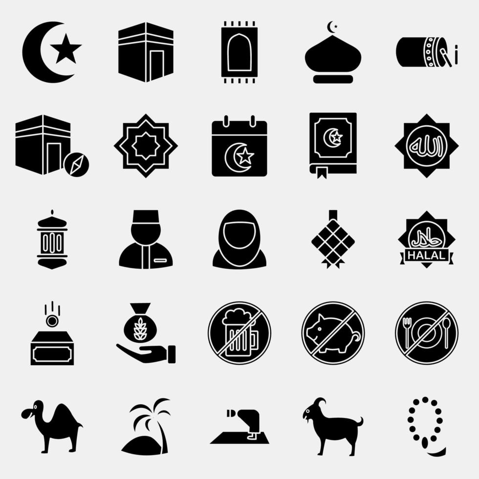 ikon uppsättning av islamisk. islamic element av ramadhan, eid al fitr, eid al adha. ikoner i glyf stil. Bra för grafik, affischer, logotyp, dekoration, hälsning kort, etc. vektor