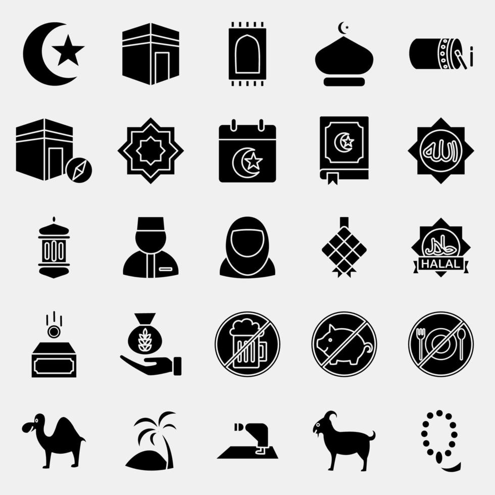 Symbol einstellen von islamisch. islamisch Elemente von Ramadan, eid al fitr, eid al Adha. Symbole im Glyphe Stil. gut zum Drucke, Poster, Logo, Dekoration, Gruß Karte, usw. vektor