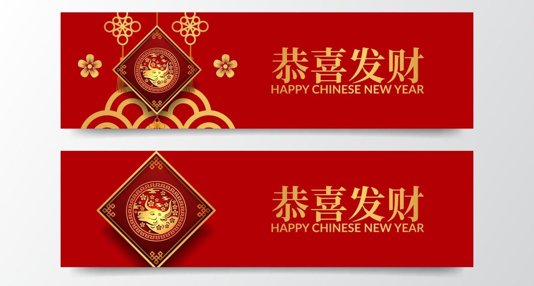 rote Farbe Glück glücklich mit Ochsen Tierkreis Tier chinesische Neujahr Banner Vorlage vektor