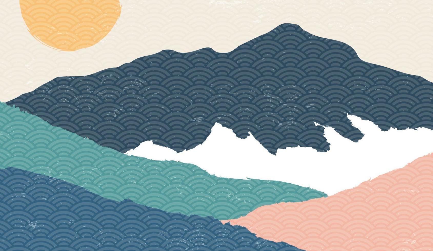 kreativ minimalistisk naturlandskap bakgrund, natur berg landskap målning med japanska våg mönster vektor. vektor