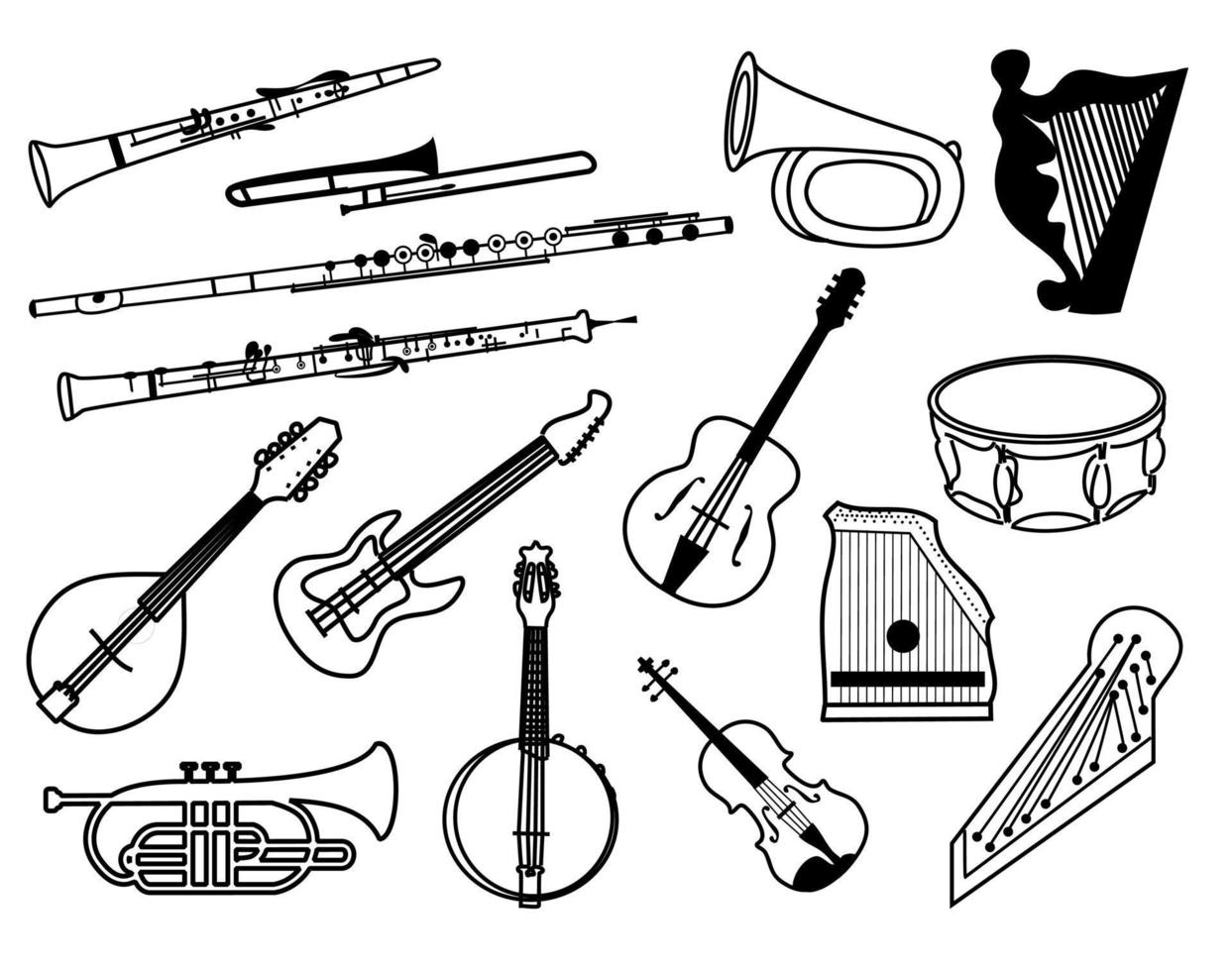 musikalisk instrument linje teckning ikoner vektor