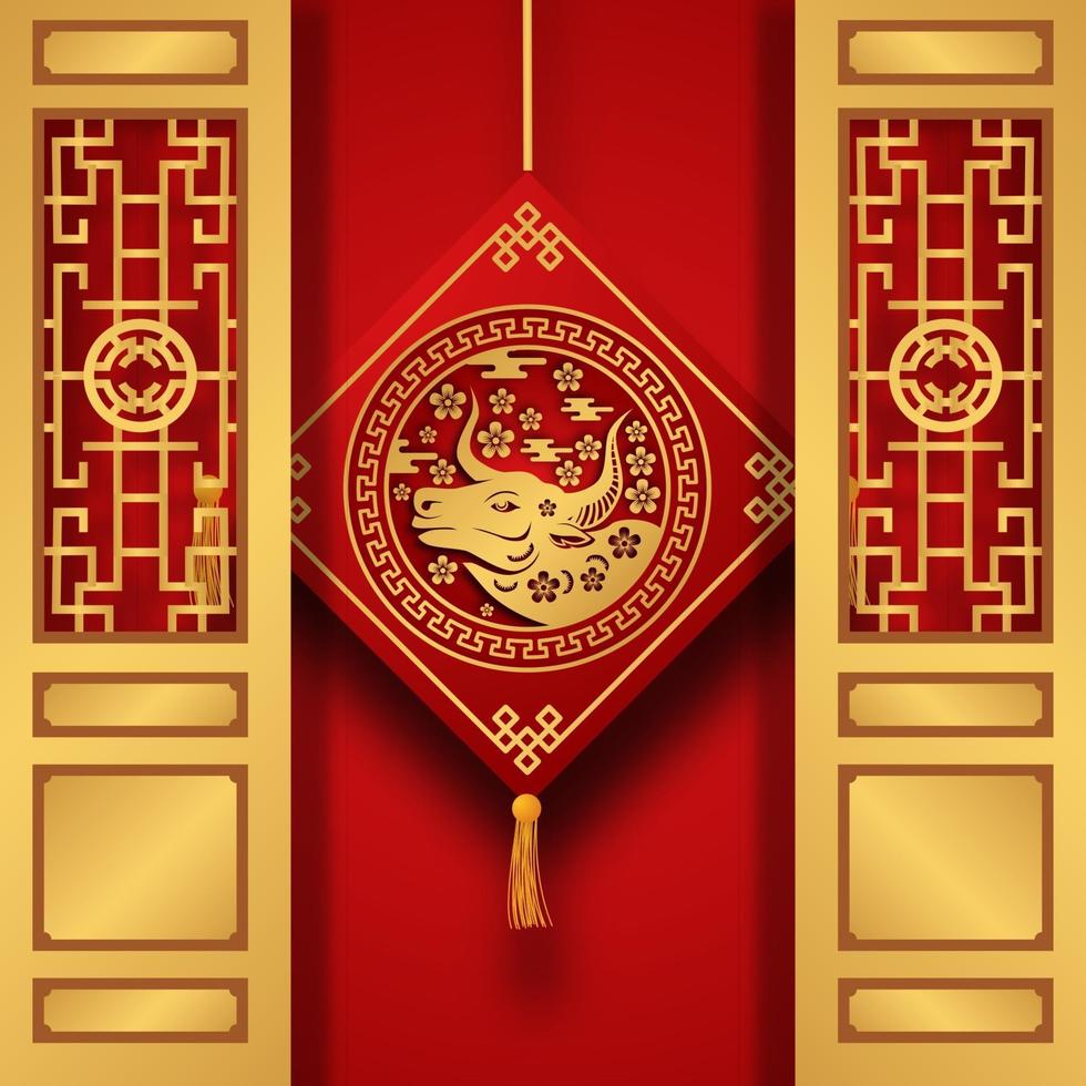 rote Farbe Glück glücklich mit Ochsen Tierkreis Tier chinesisches Neujahr mit Tür und hängende Dekoration vektor