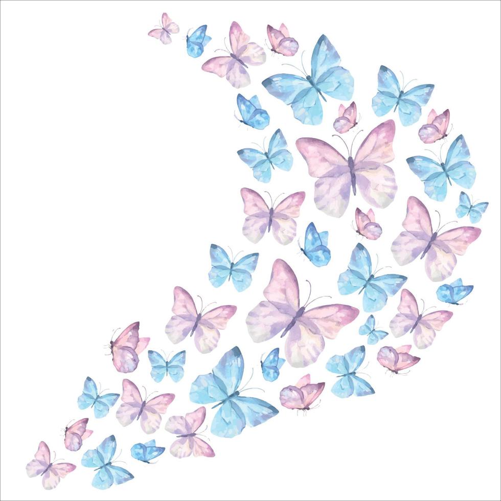 vattenfärg vektor illustration med delikat fjärilar är rosa, blå, flygande i de ström.