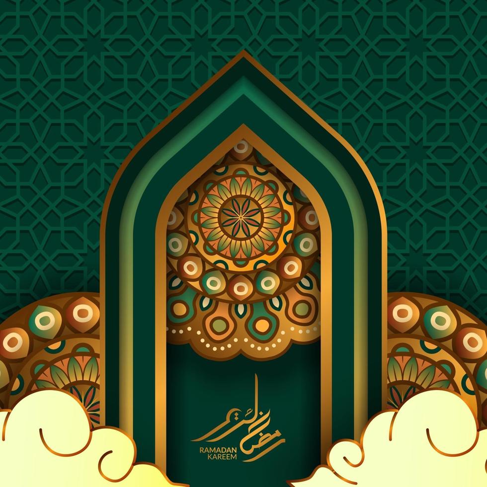 islamisk mall för gratulationskort. illustration av portdörrmoskén med cirkel runt mandala, ramadan kareem gyllene kalligrafi och grön bakgrund vektor