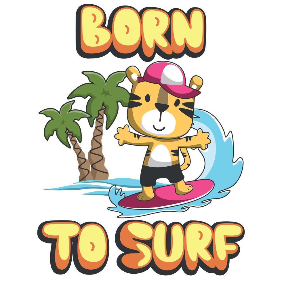 vektor illustration av söt liten tiger med en surfbräda, rolig bakgrund tecknad serie stil för barn för barnkammare design, sommar sporter t-shirt skriva ut