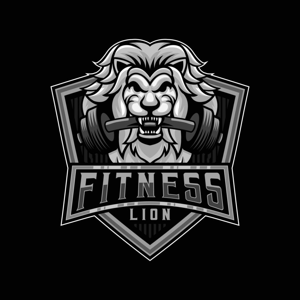 Löwe Hantel Fitnessstudio Logo. Löwe Kopf während beißen das sehr schwer Hantel Vektor Maskottchen Design Vorlage Emblem Vektor Illustration