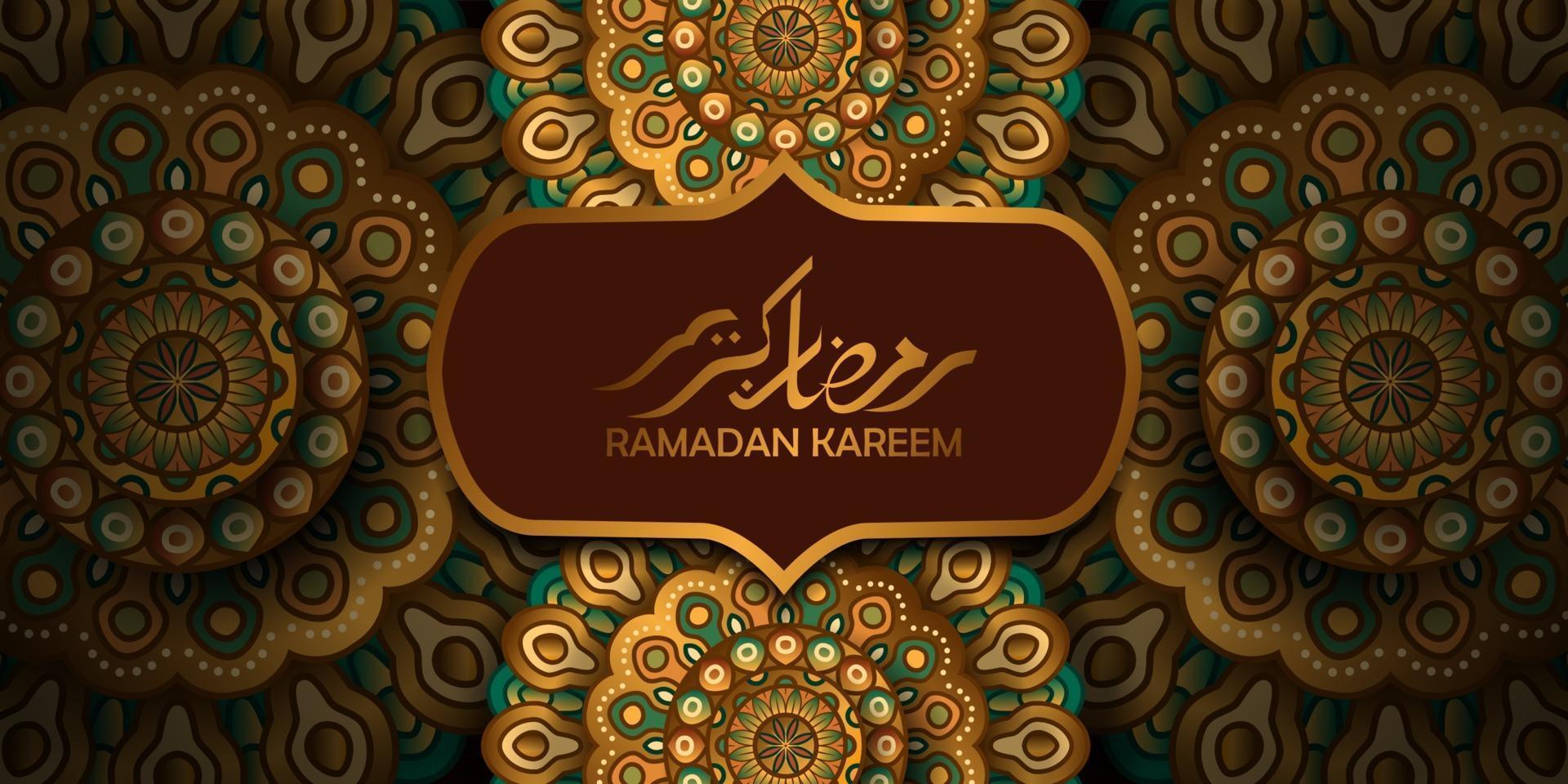 helig fastemånad för muslimsk mosleem. islamisk händelse ramadan kareem gratulationskort. vacker illustration av mandala motivmönster med gyllene färg och arabisk kalligrafi vektor
