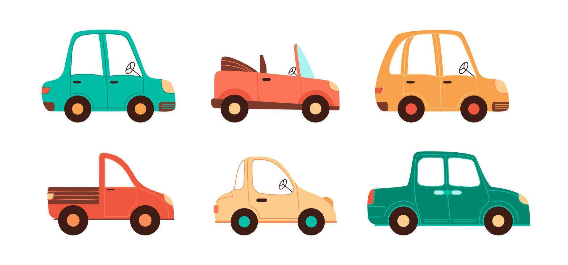 Vektor Karikatur Autos Sammlung zum Kinder Entwürfe. isoliert einfach Fahrzeuge einstellen im Pastell- Farben auf Weiß Hintergrund
