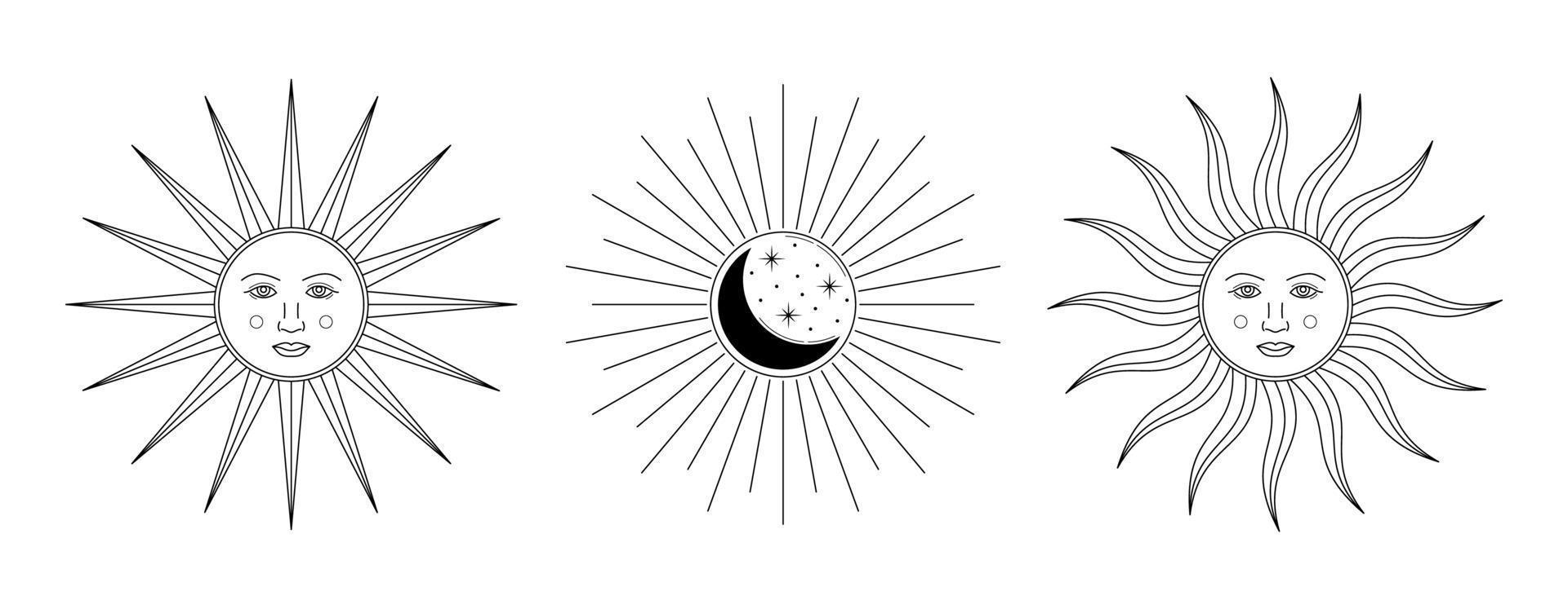 Vektor linear Sonne Gesichter Jahrgang Design. isoliert Gliederung Sonne und Halbmond auf Weiß Hintergrund