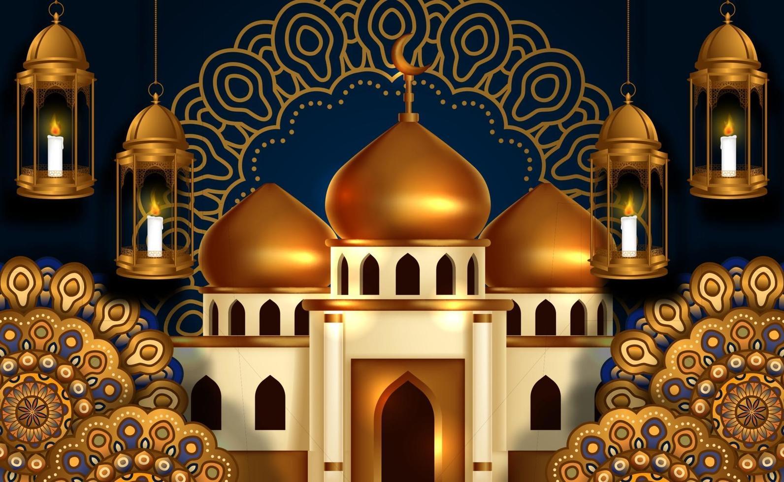 Illustration 3d av byggnad för gyllene kupolmoské med hängande fanooslykta och dekoration för cirkelmandala. islamisk händelse, ramadan, helig fastamånad. vektor