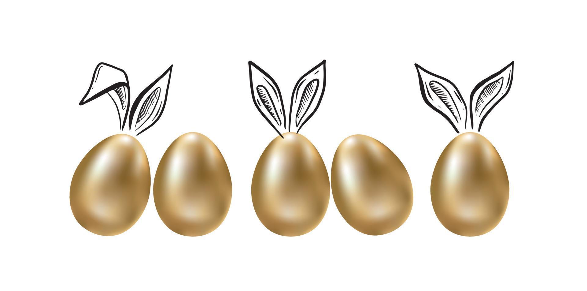 Lycklig påsk. uppsättning av kaniner öron. guld ägg. hand dragen illustration vektor
