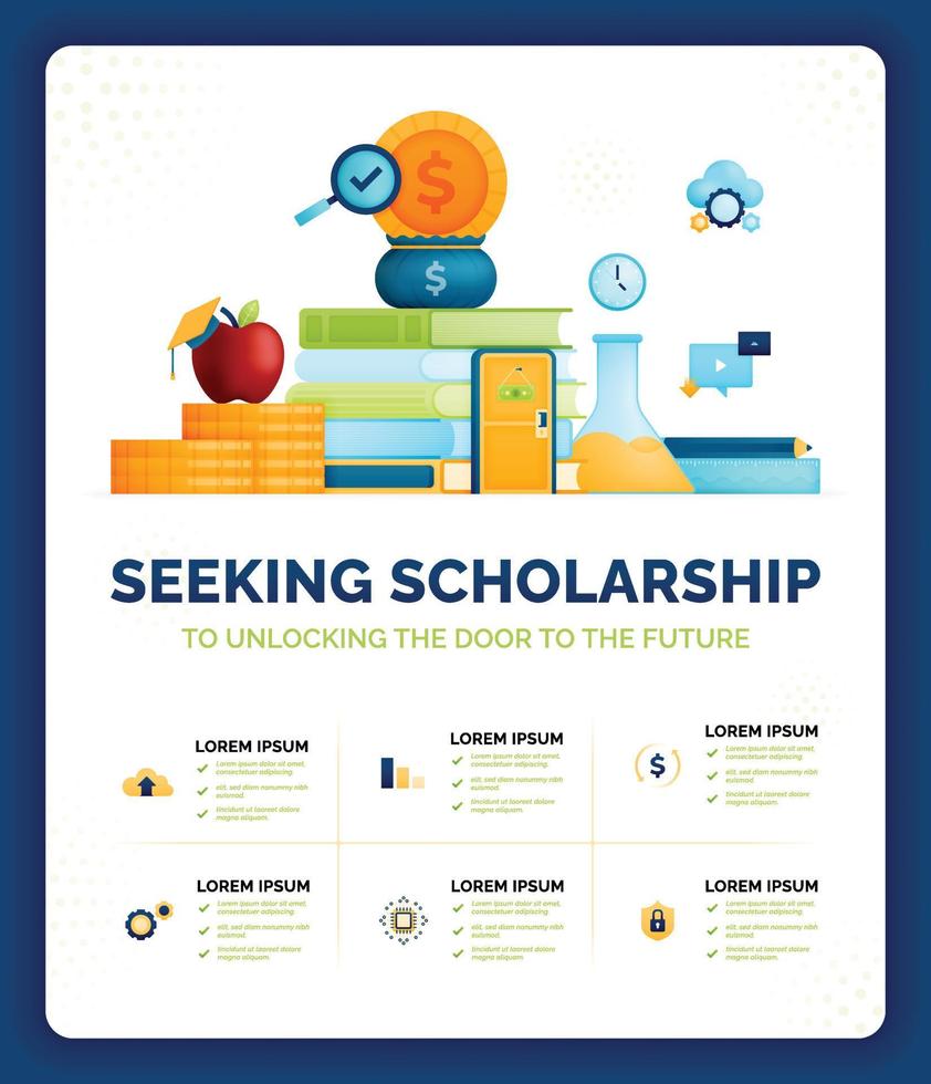 vektor illustration av sökande stipendium till öppen de dörr av framtida. applicering för upplåsning möjligheter av utbildning stipendium. kan använda sig av för annonser, affisch, kampanj, hemsida, appar, social media