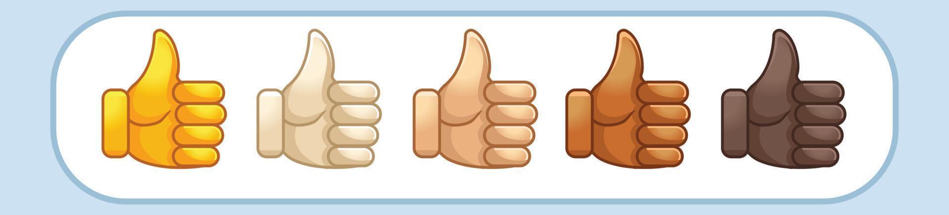 annorlunda humör emoji. emotionell tummen upp emoji hand uppsättning av olika hud toncute tecknad serie stiliserade vektor tecknad serie illustration ikoner. isolerat på vit bakgrund.