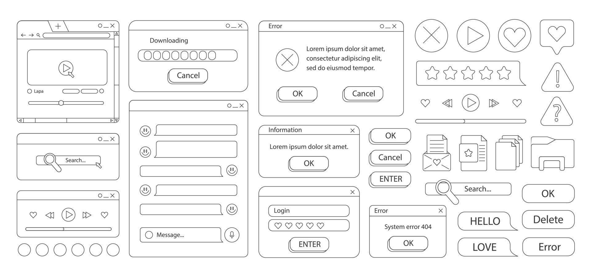 uppsättning av retro klistermärken. klotter stil. gammal skrivbordet användare gränssnitt element. söt nostalgisk dator ui, årgång estetisk ikoner och fönster vektor uppsättning. stock eleganta grafik. färg bok för barn